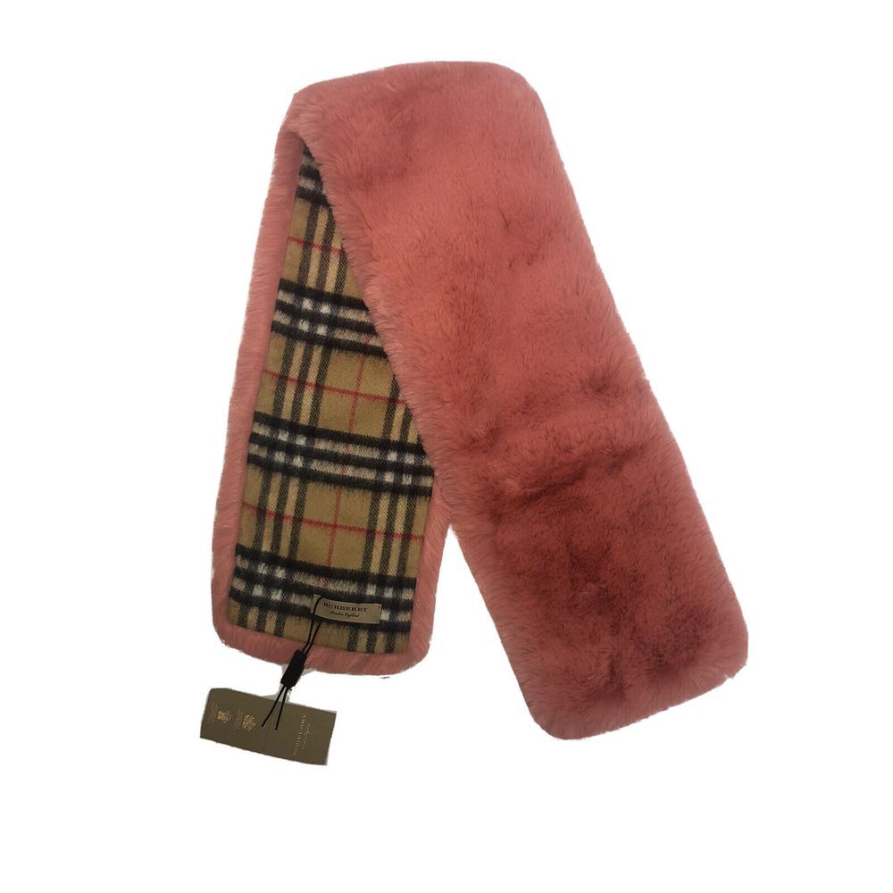 Burberry Vintage Check Cashmere Solid Pale Pink Faux Fur Scarf Italy New‎ - Picture 4 of 11